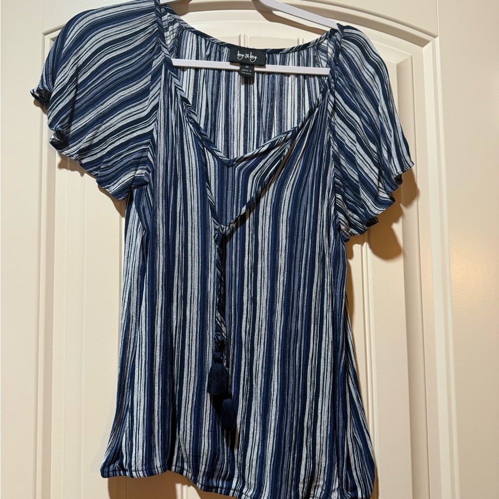 by & by Women's Navy and White Striped Blouse